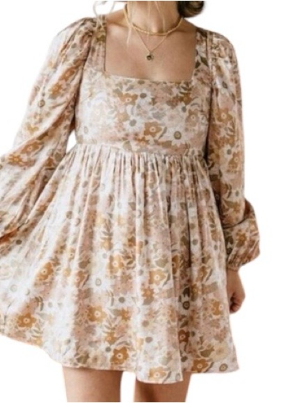 Vada winter x maverick Mini Dress with Puff Sleeves in Beige Floral